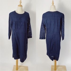 LANDS’ END TALL Eyelet 3/4 Sleeve Dress Navy 14-T